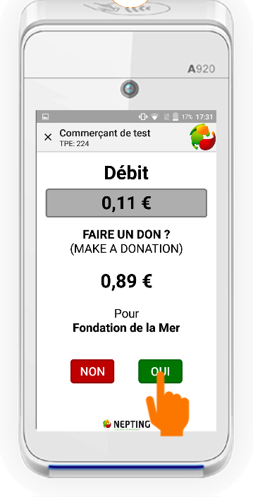 Écran d’un terminal de paiement Android proposant d’arrondir le paiement au profit d’une association
